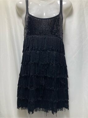 Bizz Girl Black Fringe Sequin Mini Dress Y2K Gatsby Party Clubwear S
